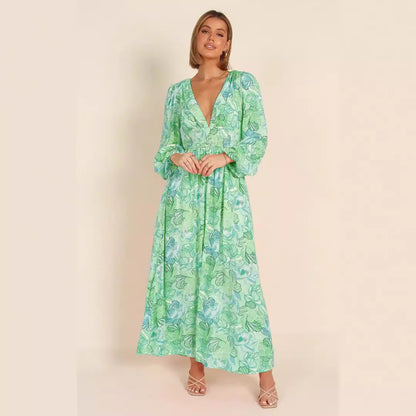 Robe d'été à motifs floraux pour femmes avec décolleté en V profond et manches bouffantes Chic und Stil