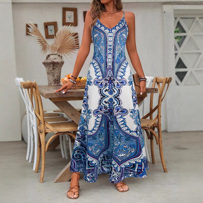 Dames Élégante Robe Max longue avec motif délicat et bretelles spaghetti Chic und Stil