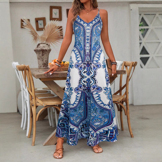 Dames Élégante Robe Max longue avec motif délicat et bretelles spaghetti Chic und Stil
