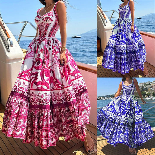 Robe maxi élégante pour dames avec un design de volants ludique et des motifs luxuriants Chic und Stil