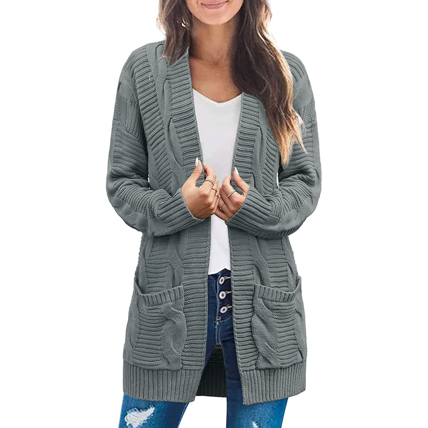 Dames gros tricot cardigan avec élégants motifs en torsades et poches pratiques Chic und Stil