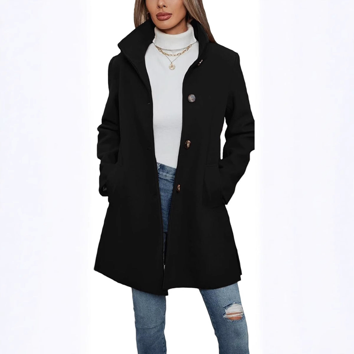 Ladies Elegant wool coat with high collar and practical pockets Chic and Style