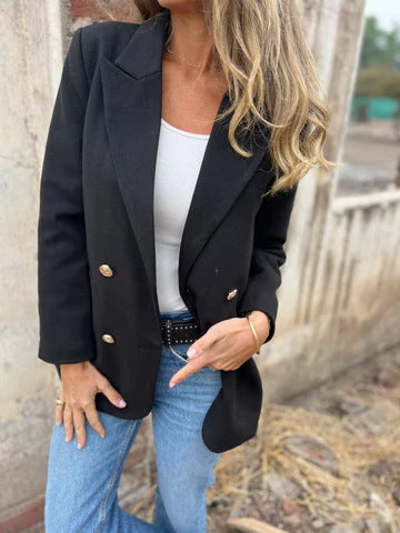 Dames Blazer élégant à double boutonnage avec tissu texturé et boutons dorés Chic und Stil
