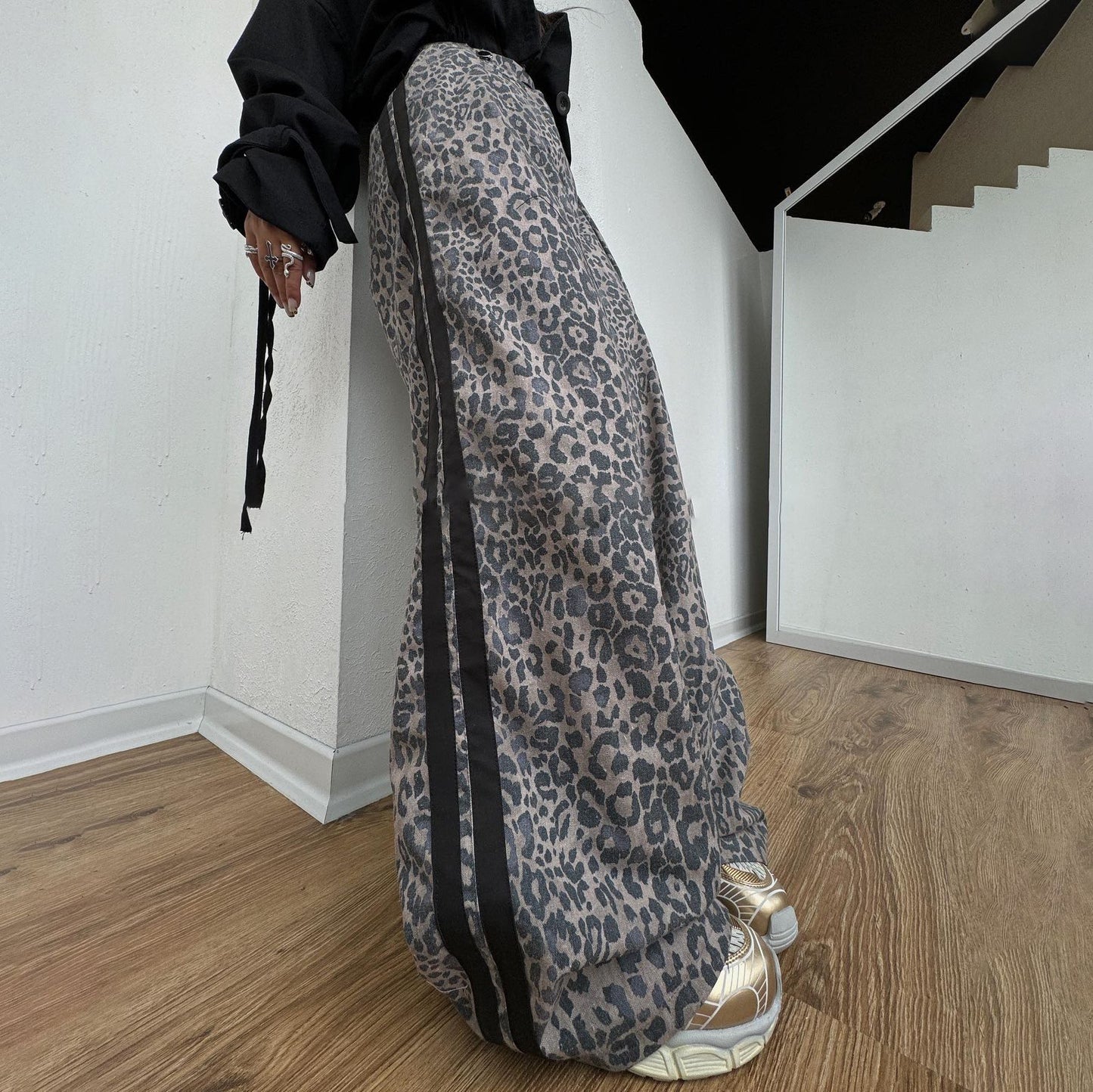Chic and Stylish Women's Leopard Print Casual Pants with Side Stripes
