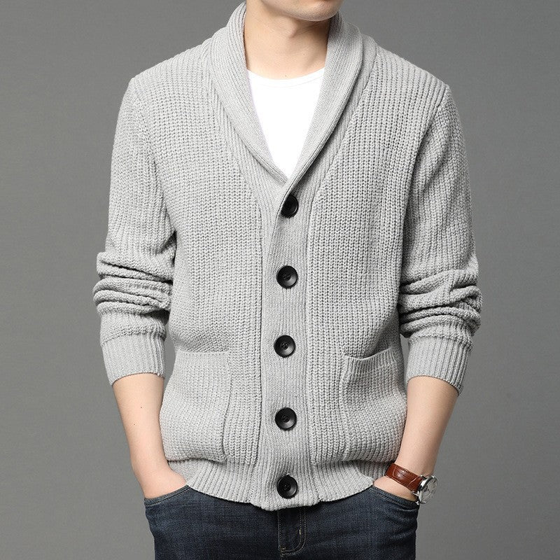 Knitted jacket for men with shawl collar and practical pockets Chic and Style