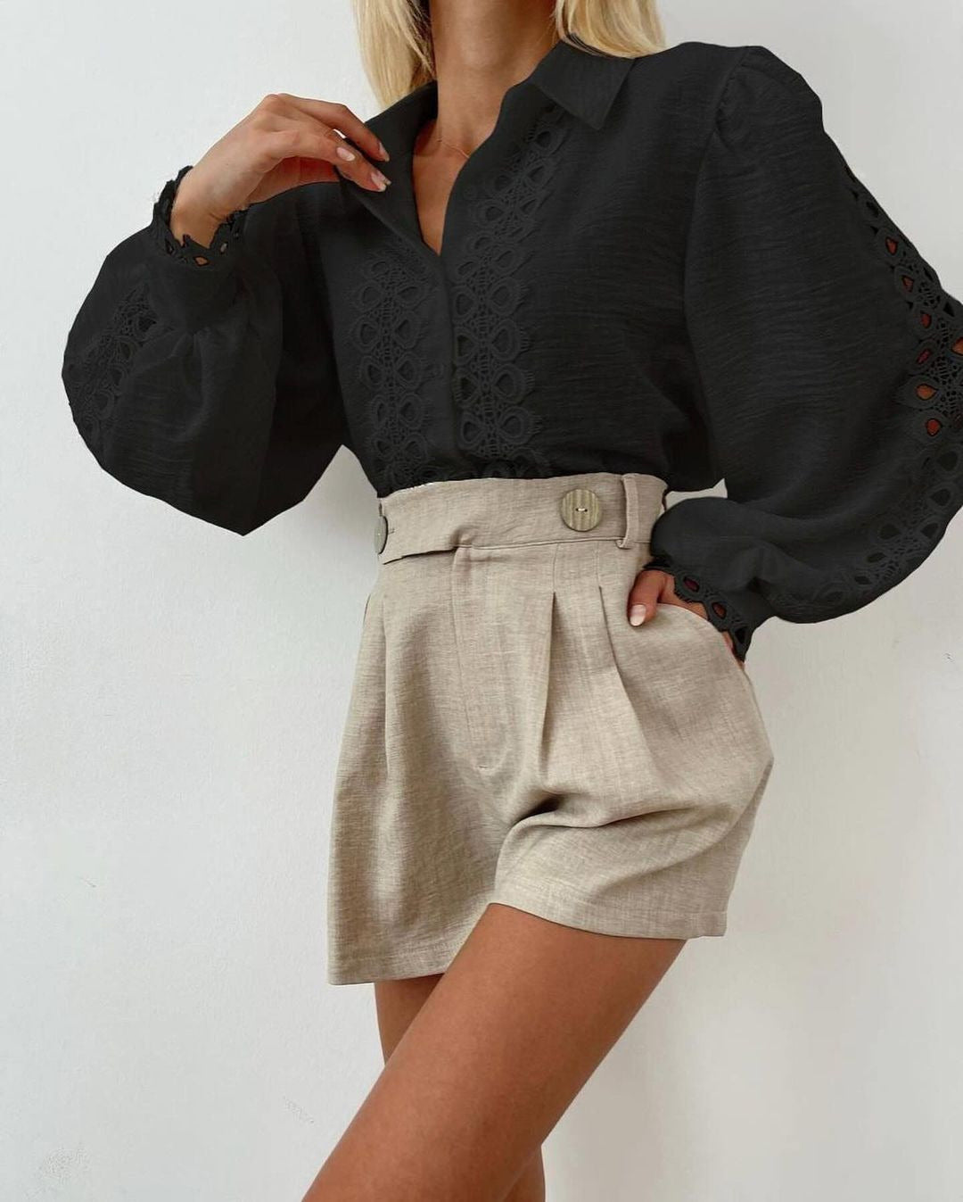 Dames blouse élégante avec motif brodé raffiné et manches ballons Chic und Stil