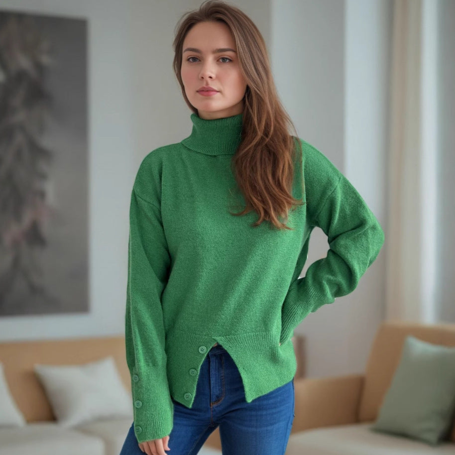 Pull col roulé tendance pour femmes avec détails de boutons et ourlet asymétrique Chic und Stil
