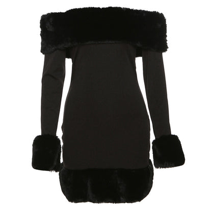 Robe longue à manches longues pour femmes avec col en fausse fourrure douillet et bords Chic und Stil