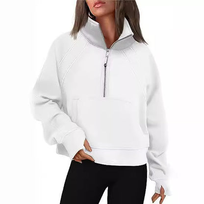 Dames pull-over mi-zip moelleux avec capuche et poche kangourou Chic und Stil
