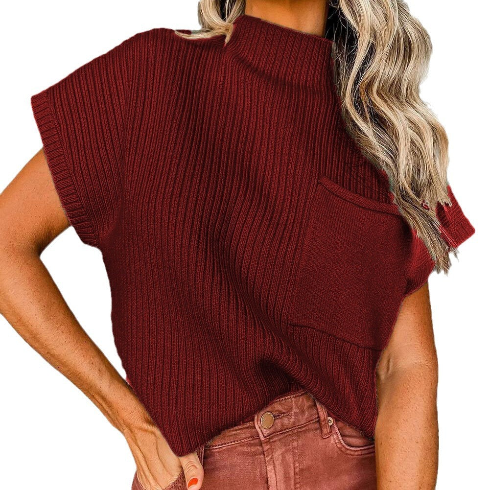 Dames décontracté pull à manches courtes avec col haut et poche plaquée Chic und Stil