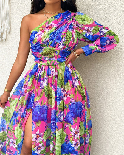 Robe maxi élégante à épaule unique florale Chic und Stil