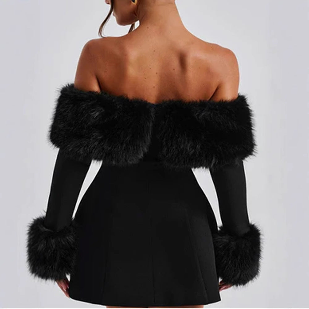 Ladies Elegant Mini Dress with Removable Plush Sleeves Chic and Style