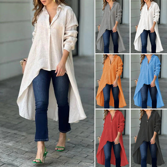 Blouses décontractées pour femmes - T-shirt long en mélange de lin de haute qualité Chic und Stil