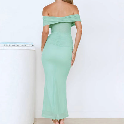 Dames Élégante Robe Maxi avec Design Sans Épaule et Détails de Volants Raffinés Chic und Stil
