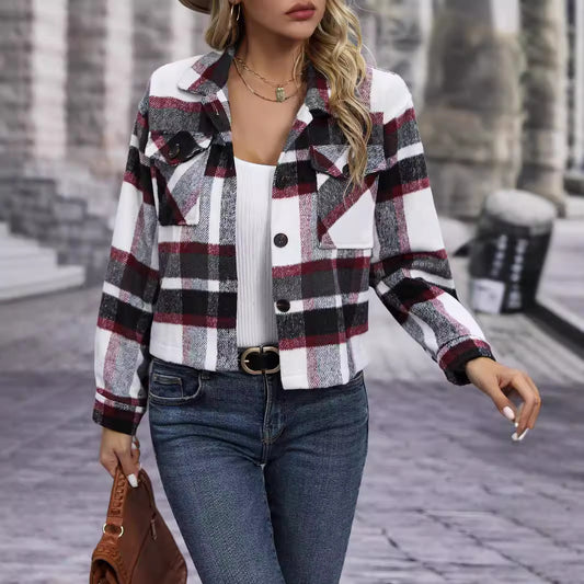 Dames Flanel à Carreaux Veste avec Poches Chic und Stil