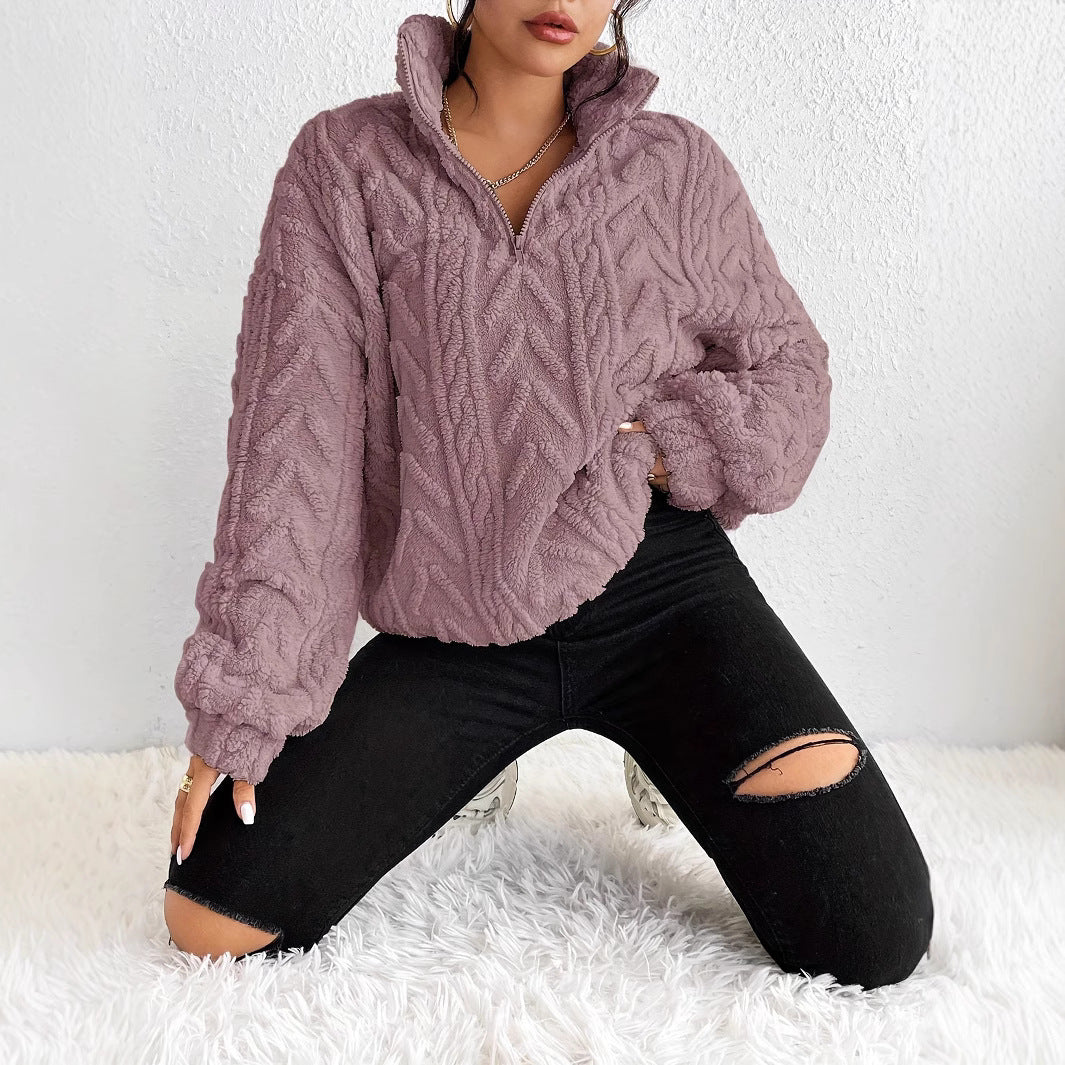 Dames Pull-over oversized pelucheux avec fermeture éclair et structure côtelée Chic und Stil