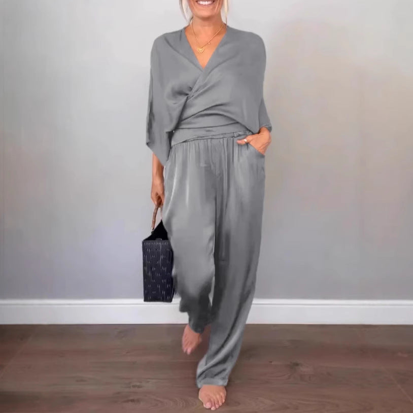 Women Elegant Wrap High-End with Loose Cut and Matching Palazzo Pants Chic and Style