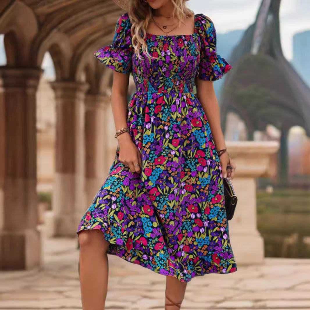 Robe maxi smockée bohème florale pour femmes Chic und Stil