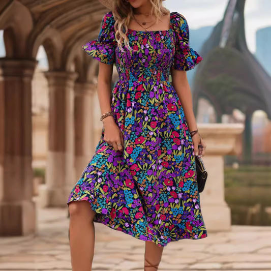Robe maxi smockée bohème florale pour femmes Chic und Stil