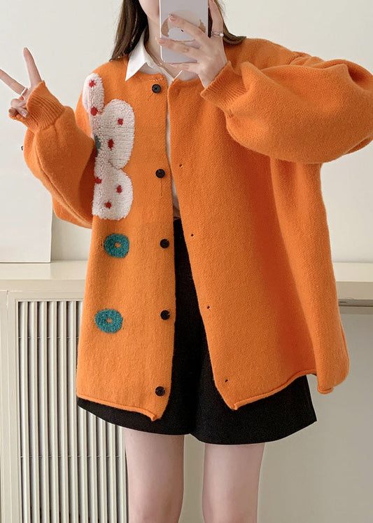 Chic und Stil | Orange Waist O-neck Floral Sun Cotton Knit Pullovers Long Sleeve Coats