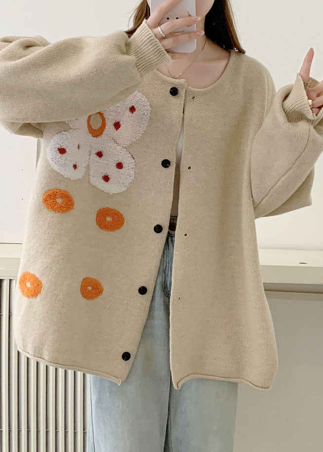 Chic und Stil | Orange Waist O-neck Floral Sun Cotton Knit Pullovers Long Sleeve Coats
