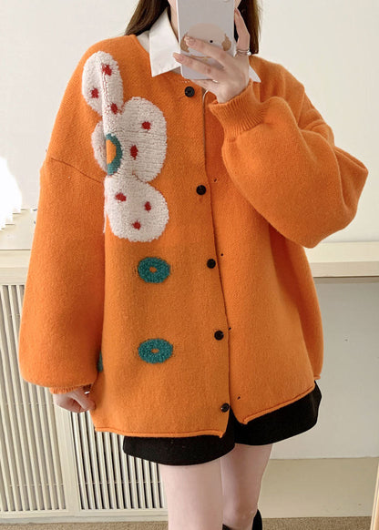 Chic und Stil | Orange Waist O-neck Floral Sun Cotton Knit Pullovers Long Sleeve Coats