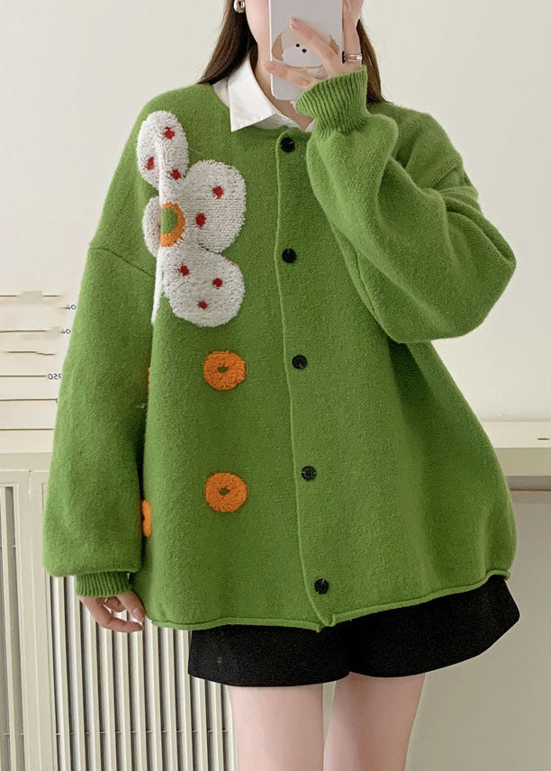 Chic und Stil | Orange Waist O-neck Floral Sun Cotton Knit Pullovers Long Sleeve Coats