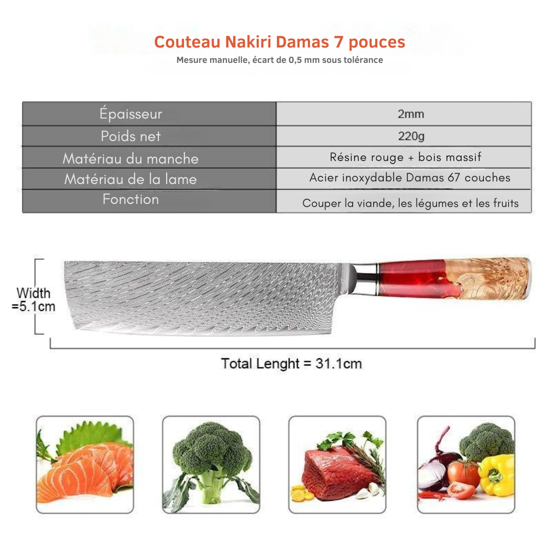 Couteau à légumes japonais 7 pouces VG-10 en acier damassé Nakiri - ChicUndStil