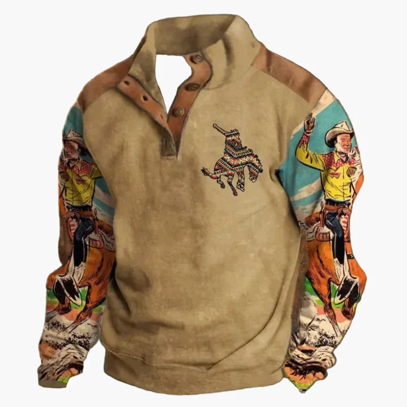 Chic und Stil | Retro cowboy sweatshirt with digital print and high collar - Casual western pullover for outdoor and leisure