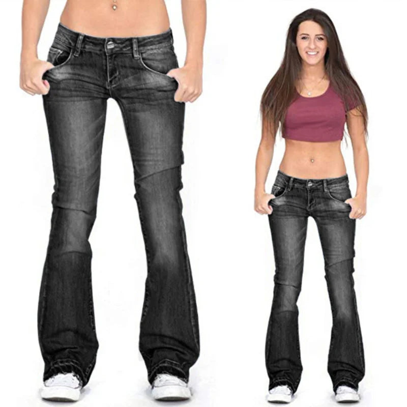Chic und Stil - Femme Low Rise Flared Jeans: Jean skinny vintage décontracté à jambes évasées