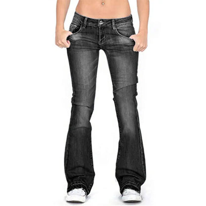 Chic und Stil - Femme Low Rise Flared Jeans: Jean skinny vintage décontracté à jambes évasées