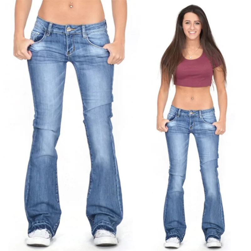 Chic und Stil - Femme Low Rise Flared Jeans: Jean skinny vintage décontracté à jambes évasées