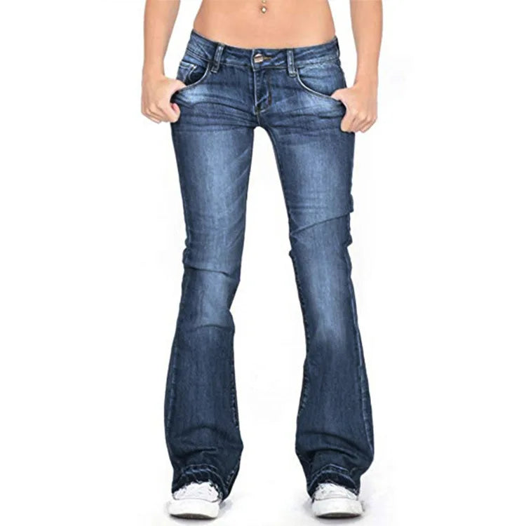 Chic und Stil - Femme Low Rise Flared Jeans: Jean skinny vintage décontracté à jambes évasées