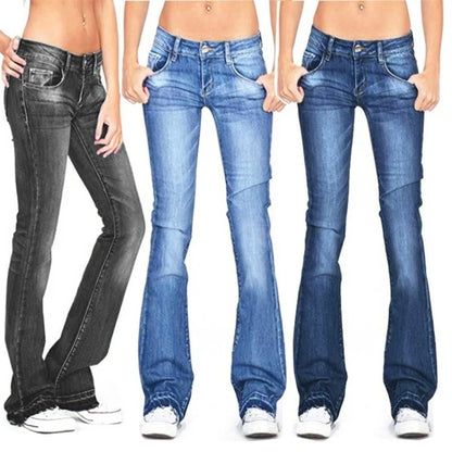 Chic und Stil - Femme Low Rise Flared Jeans: Jean skinny vintage décontracté à jambes évasées