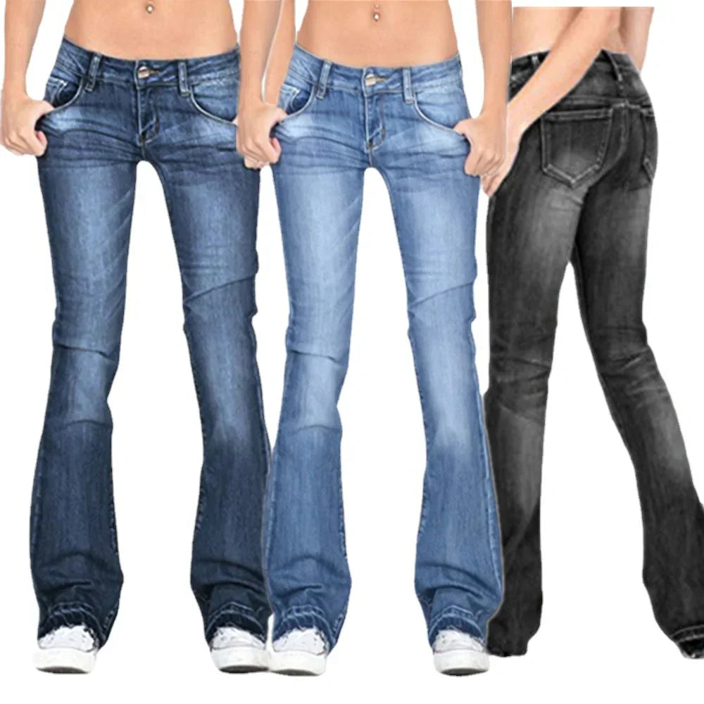 Chic und Stil - Femme Low Rise Flared Jeans: Jean skinny vintage décontracté à jambes évasées