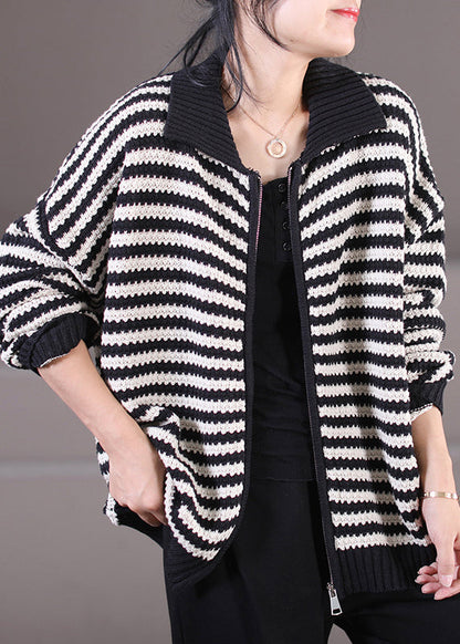 Chic und Stil | Black Peter Pan collar zip striped pullover coats long sleeves