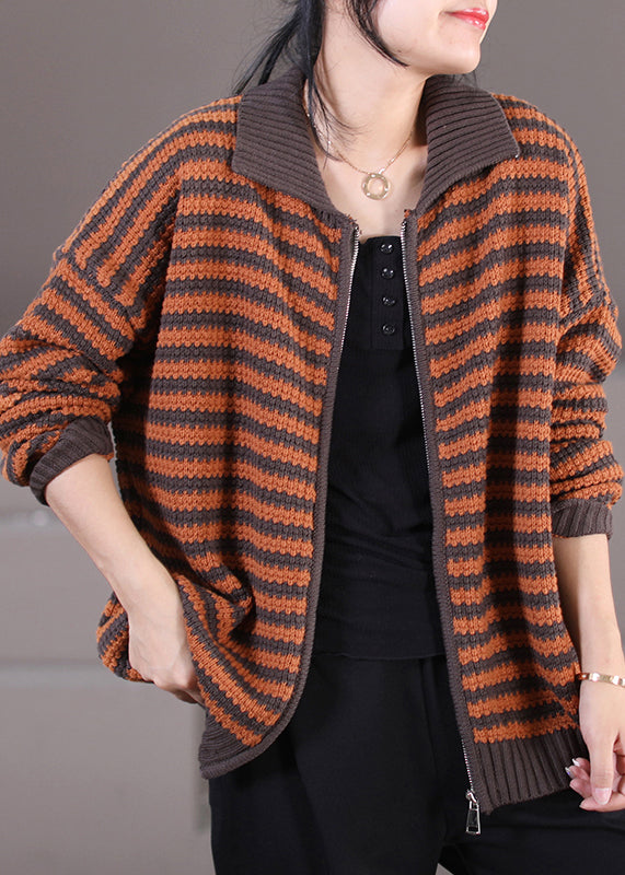 Chic und Stil | Black Peter Pan collar zip striped pullover coats long sleeves