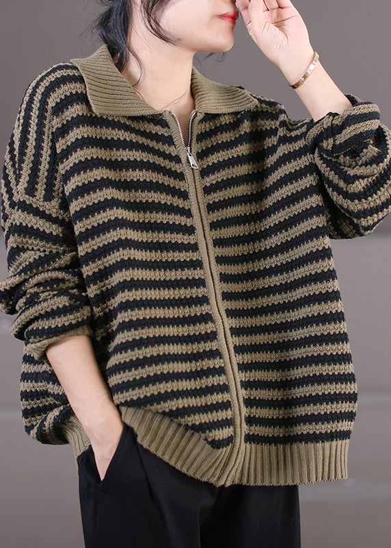 Chic und Stil | Black Peter Pan collar zip striped pullover coats long sleeves