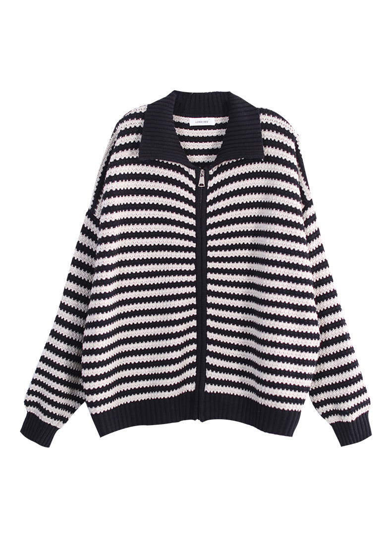 Chic und Stil | Black Peter Pan collar zip striped pullover coats long sleeves