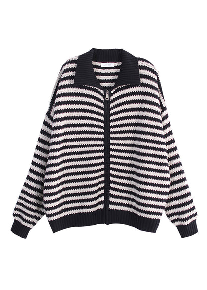 Chic und Stil | Black Peter Pan collar zip striped pullover coats long sleeves