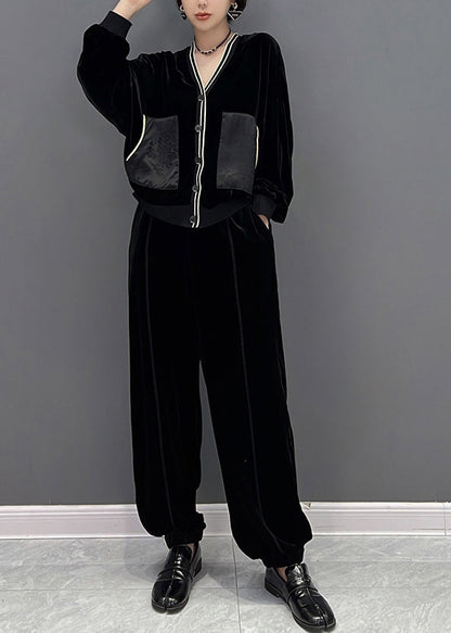 Chic und Stil | Black printed coats with V-neck and pants Two-piece set