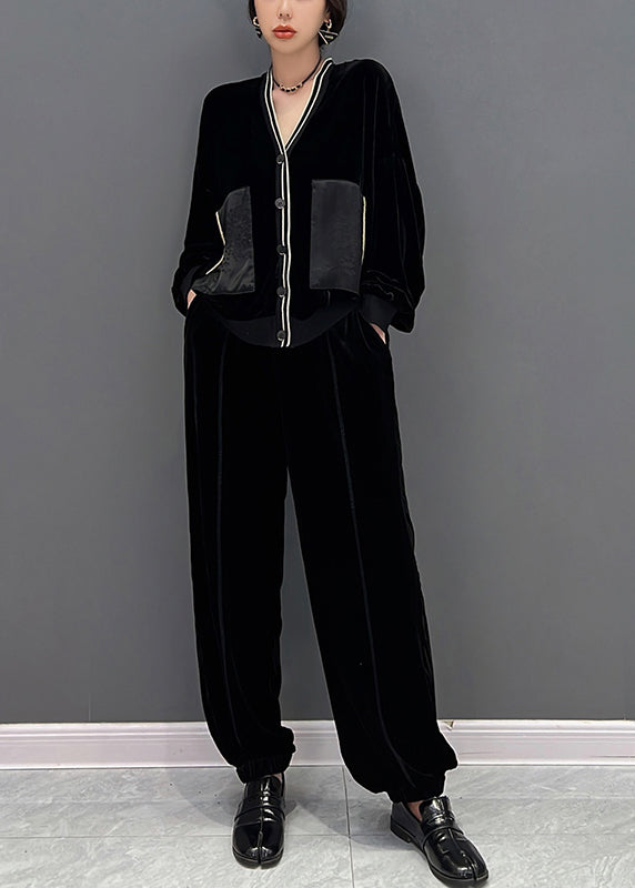 Chic und Stil | Black printed coats with V-neck and pants Two-piece set