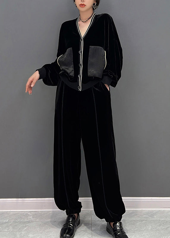 Chic und Stil | Black printed coats with V-neck and pants Two-piece set