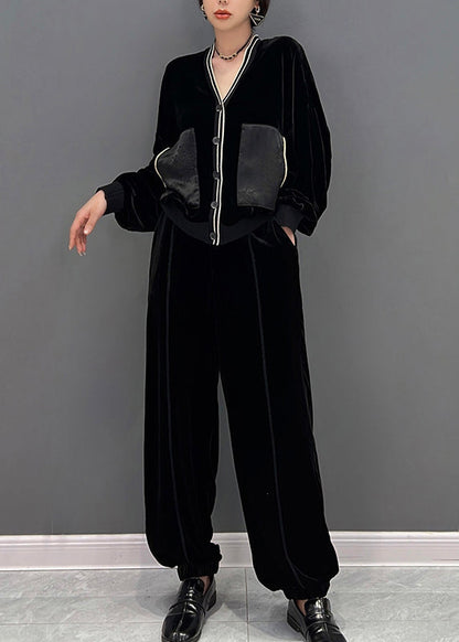 Chic und Stil | Black printed coats with V-neck and pants Two-piece set