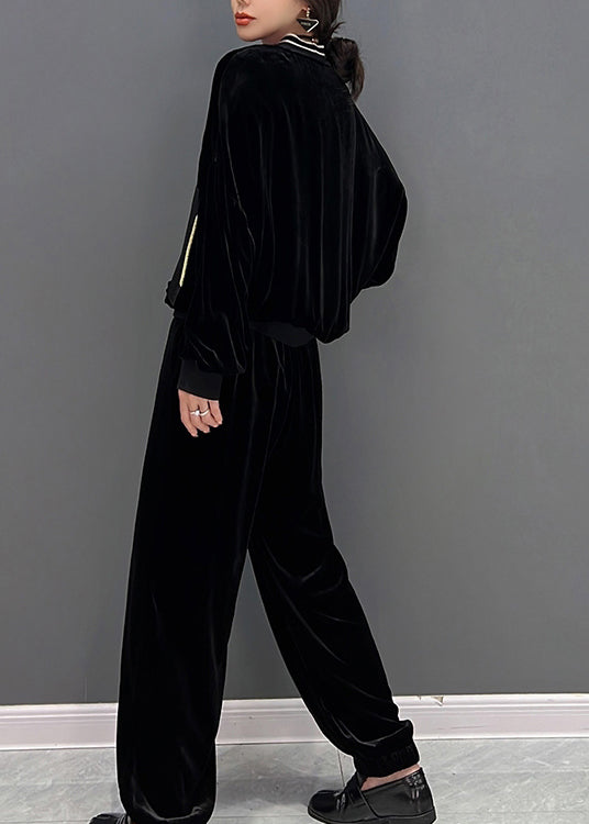 Chic und Stil | Black printed coats with V-neck and pants Two-piece set