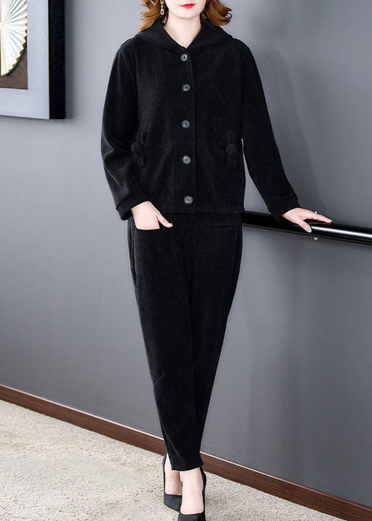 Chic und Stil | Black plain velvet hoodie and harem pants Two-piece winter set