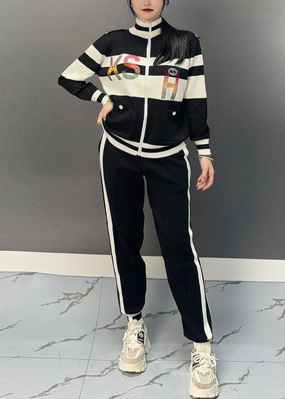 Chic und Stil | Black turtleneck patchwork coats and flared pants Two-piece set