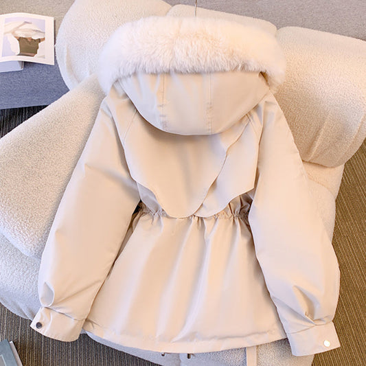 Chic und Stil | Winter Jacket with Hood and Belt Faux Fur Warm and Stylish