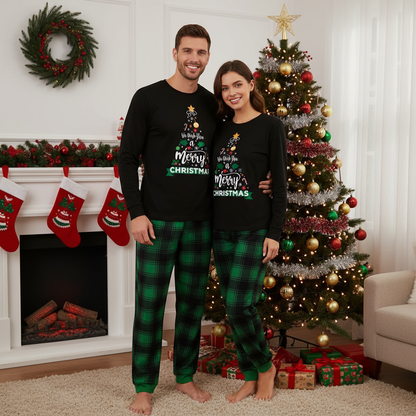 Chic und Stil | "We wish you a Merry Christmas" Printed Pattern Black Long Sleeve Top with Black and Green Checked Pants Pair Matching Pyjamas