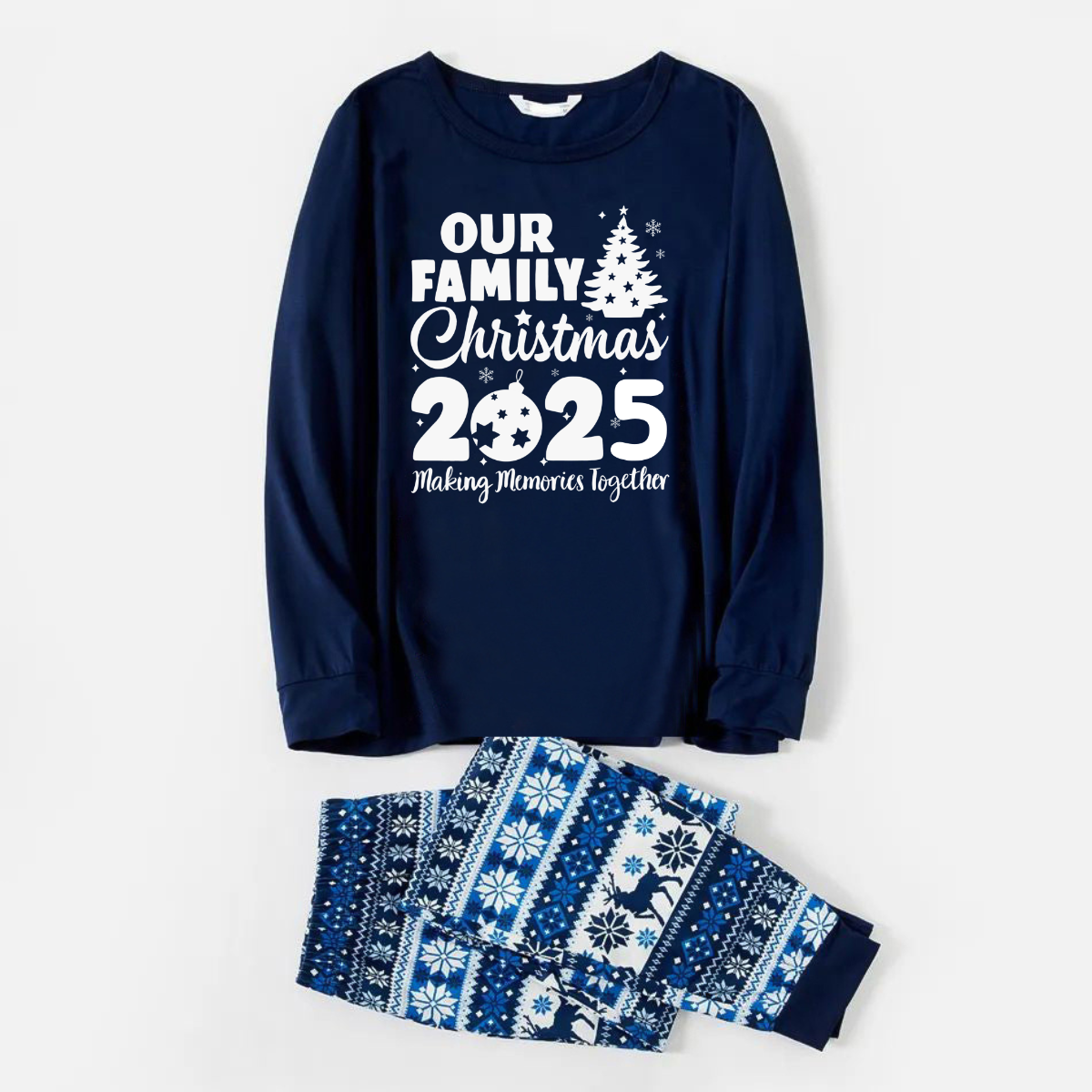 Chic und Stil | Our Family Christmas 2025 Creating Memories Together' Letter Print Long Sleeve Blue With Pants Blue Flowers Coordinated Family Pajama Sets